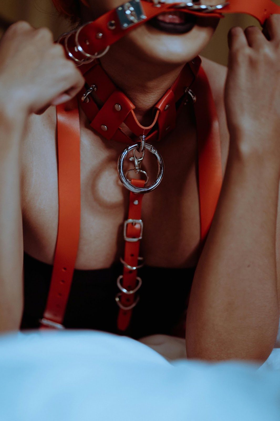 Close-up of BDSM red harness gear