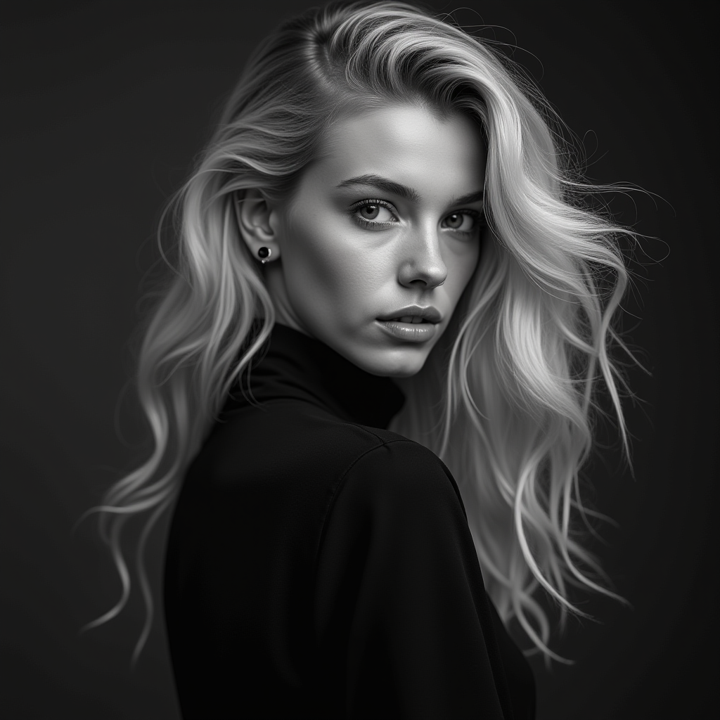 Black and white portrait of blond woman