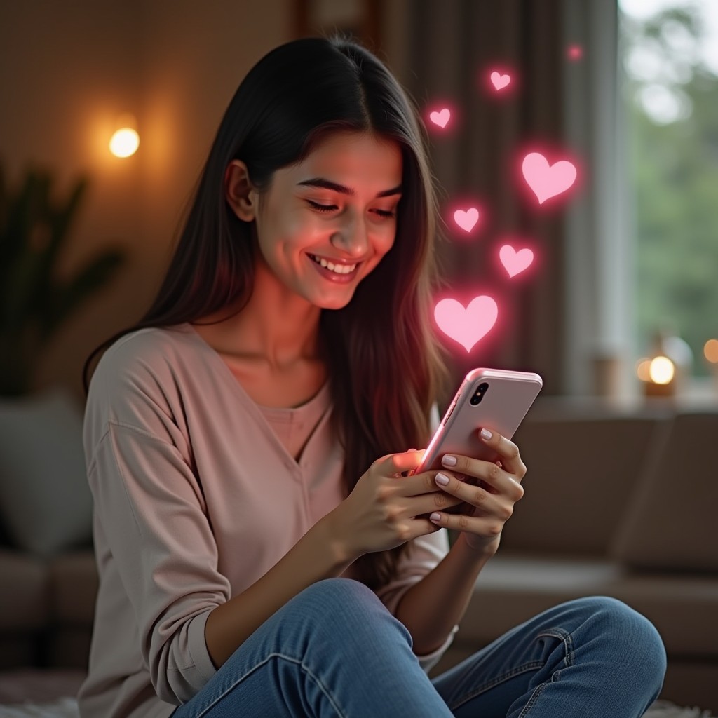 Smiling woman texting on smartphone with floating heart icons