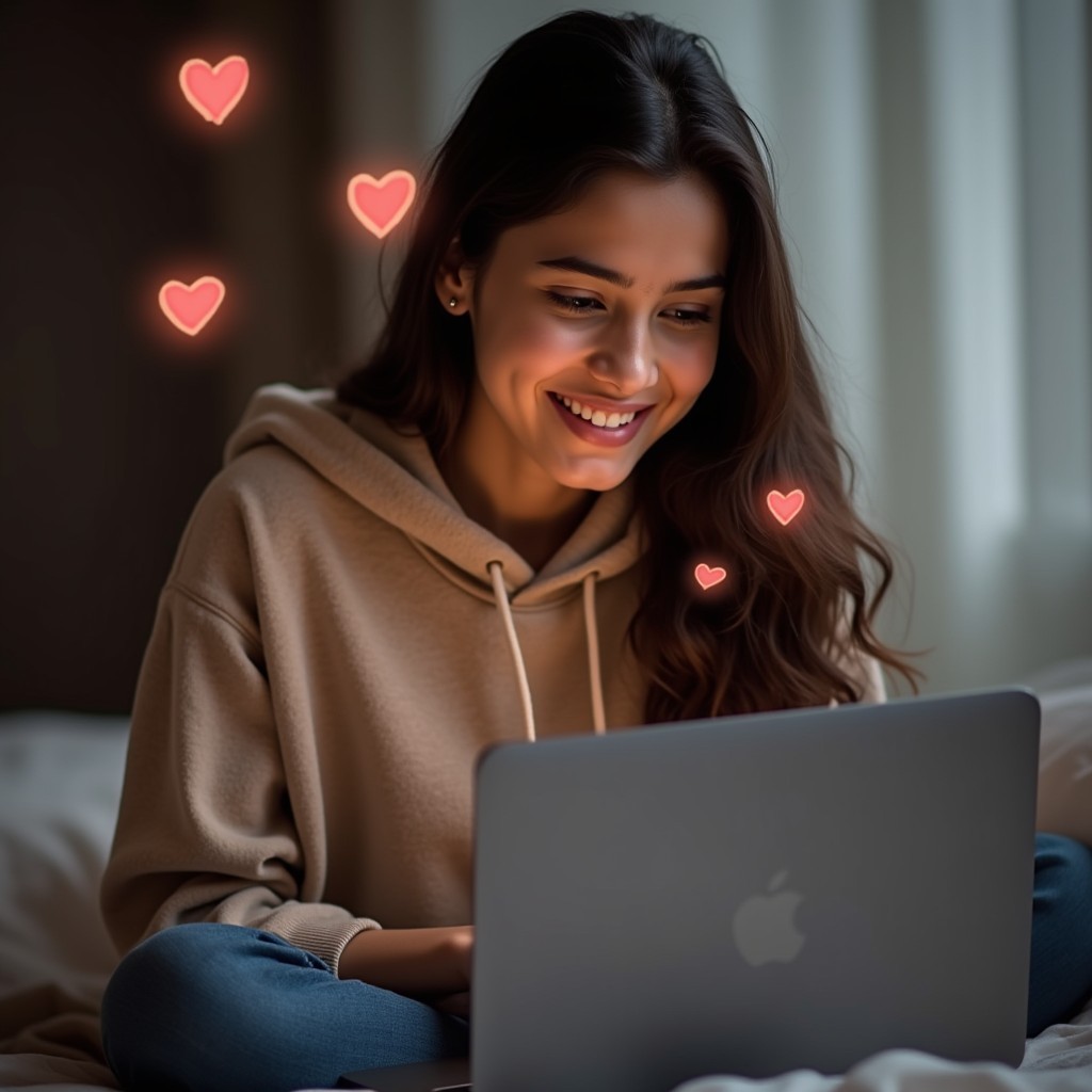 Smiling woman using laptop with heart icons around her
