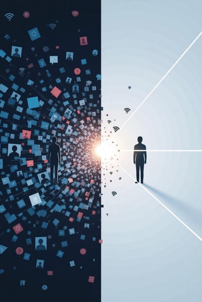 Graphic illustration of man facing a large number of digital platform choices