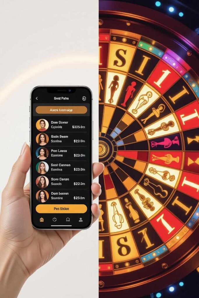 Graphic illustration of split screen with a phone on a side a wheel of fortune on the other