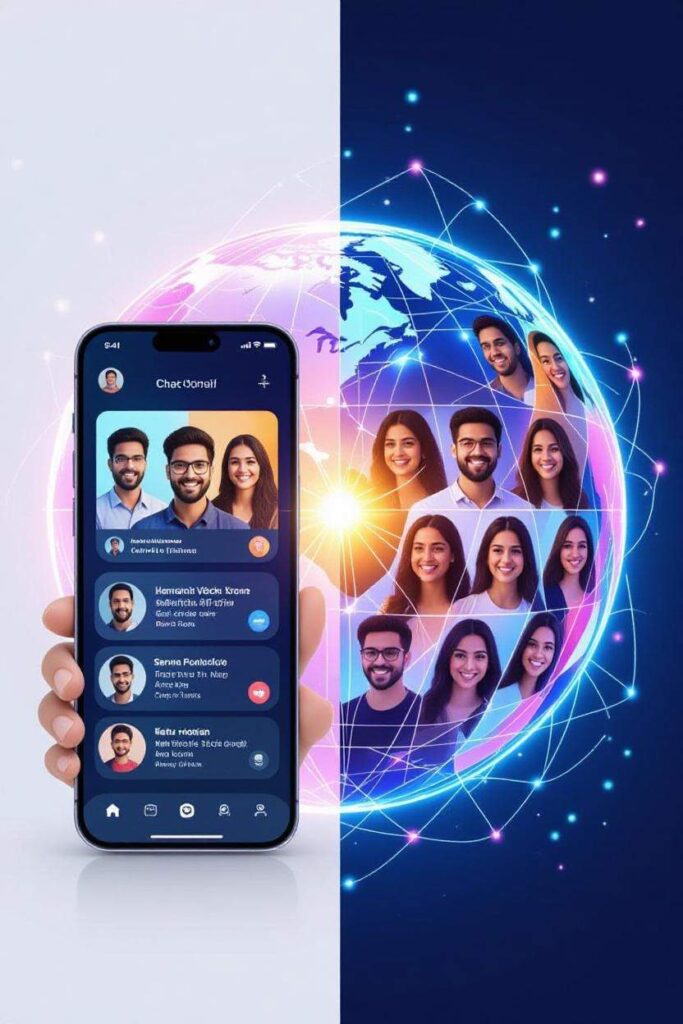 Split screen of a smartphone on the left and half of a globe populated with images on the right