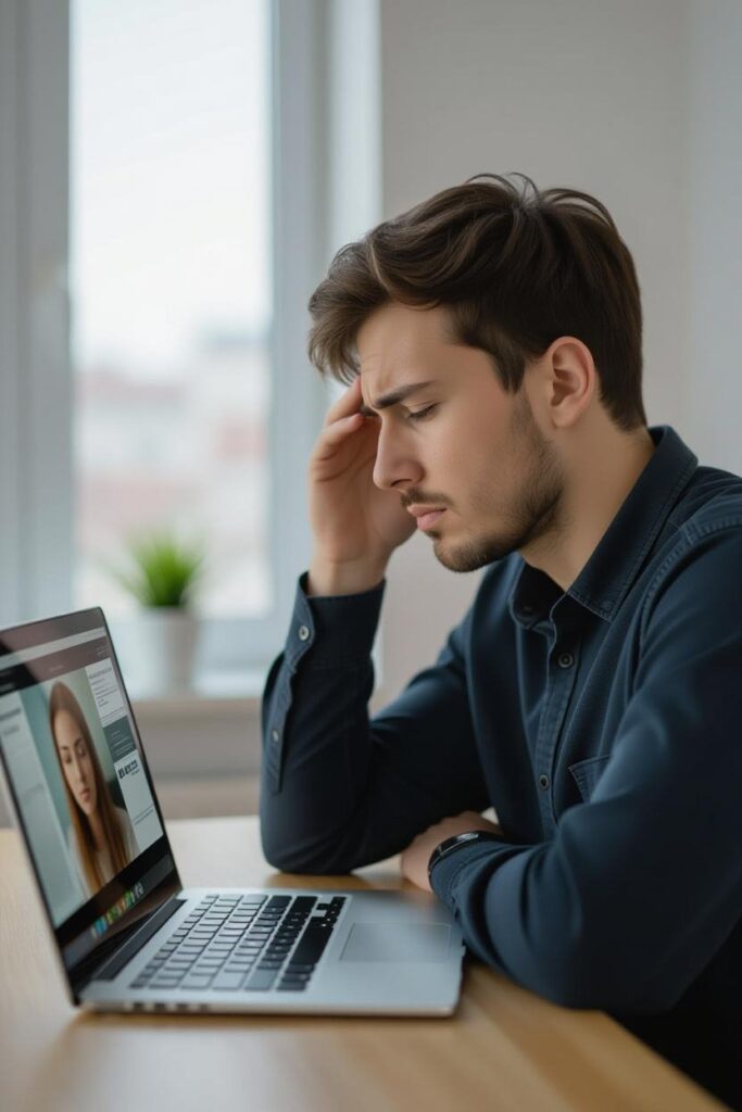 Illustration of man looking at his laptop screen worrying