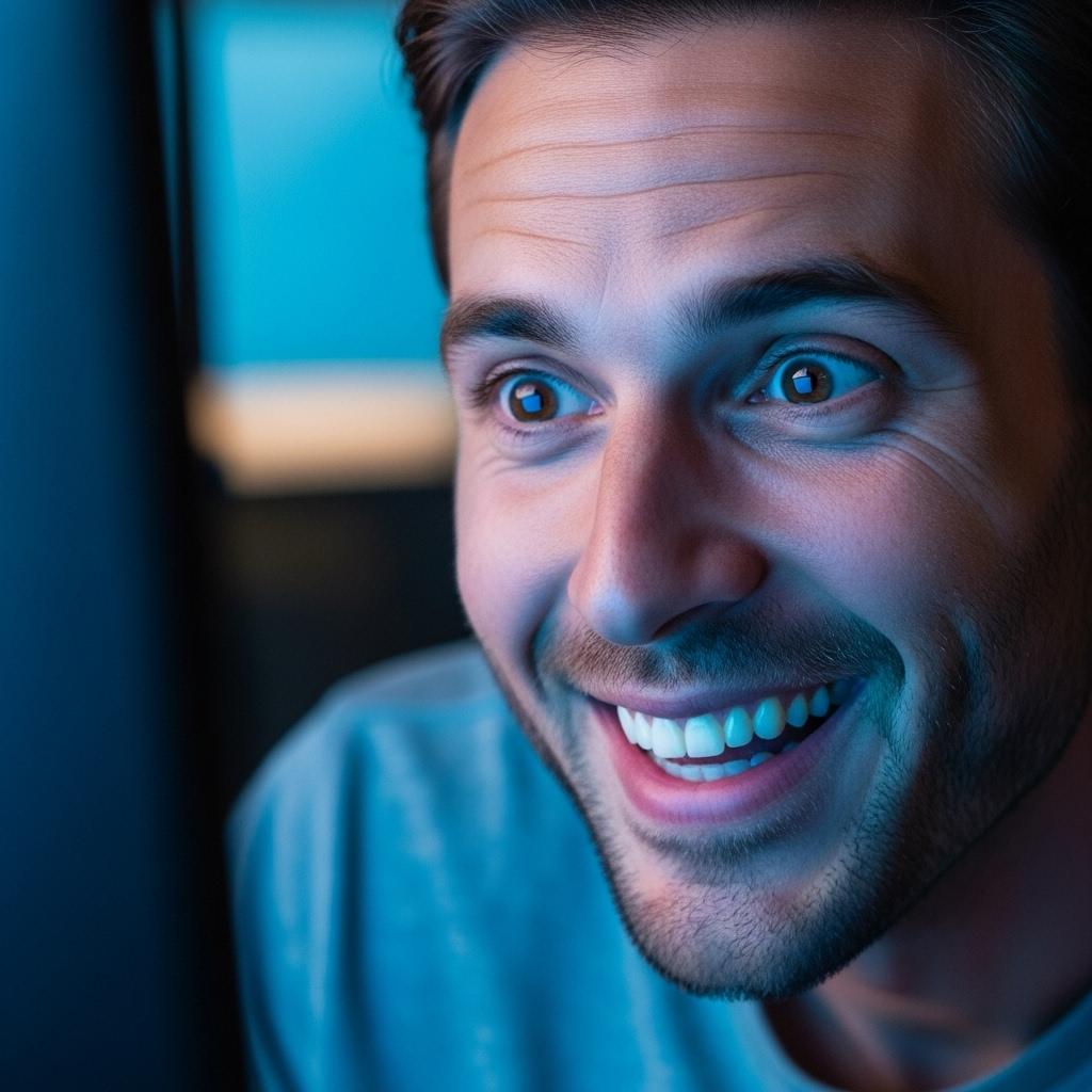 Man looking at laptop screen with a happy smile