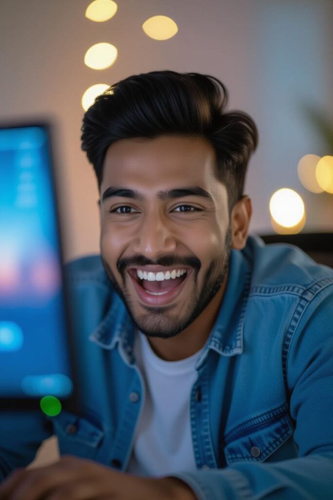 Man of Indian descent posing with a large smile and looking at a screen
