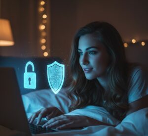 A woman using a laptop for a video chat with a glowing shield and padlock overlay, representing safety and privacy measures when using the Chatmatch App.