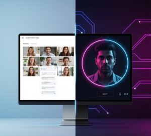 A split-screen comparing a bright social-style chat layout to a sleek one-to-one video interface, highlighting differences between Chatmatch-style apps and adult-first platforms.