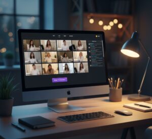 A desktop screen with a generic live-cam showroom grid, public chat, and a private-show button, illustrating what CamSoda is and how it works.