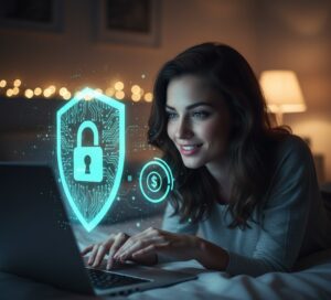 A sexy woman at a laptop with digital shield, padlock, and a subtle budget gauge overlay, symbolizing safety, privacy, and spending control on CamSoda.