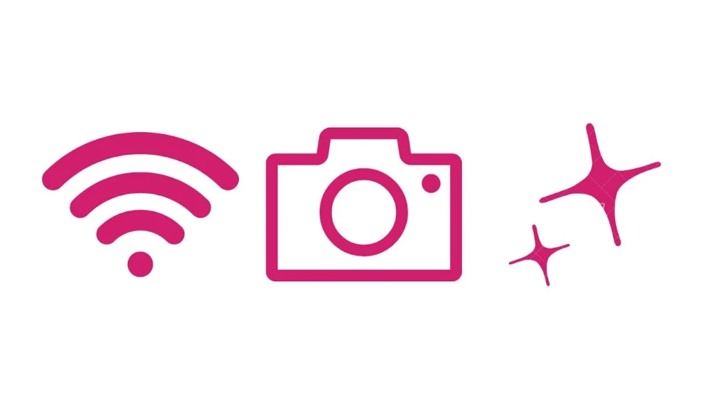 pictograme cu semnal Wi-Fi, cameră și sclipici de culoare roz